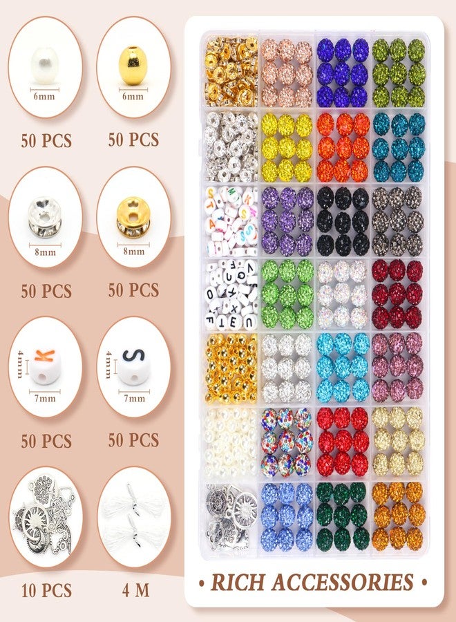 Jukercici 10mm Clay Rhinestone Beads for Crafts, Friendship Bracelet Kit with Rhinestone Beads, Spacer Beads, Charms, Elastic Cord, Letter Beads for DIY Bracelet Necklace Keychain Earrings Decoration (Kit 1) - Image 3
