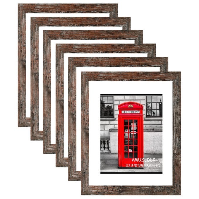 11X14 PICTURE FRAME RUSTIC BROWN WOOD SET OF 6DISPLAY PICTURES 8X10 WITH MAT OR 11X14 WITHOUT MATMULTI PHOTO FRAMES COLLAGE FOR WALL