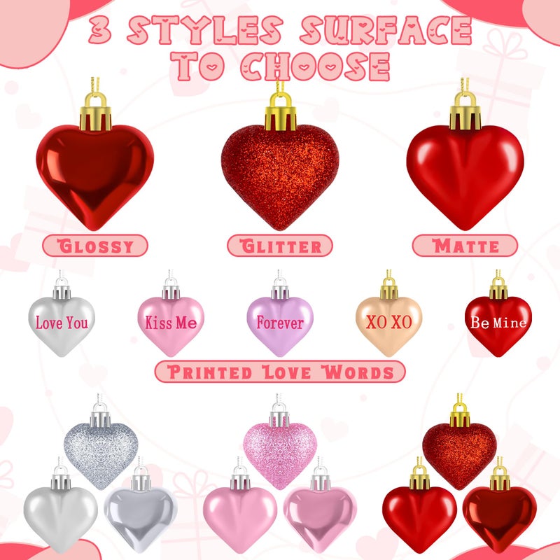 Melisheer Valentines Day Decorations, 36pcs Heart Shaped Ornaments, Glitter Red Heart Shaped Hanging Baubles, Romantic Pink Glossy Valentine's Day Decor for Party Wedding Engagement Lover - Image 3