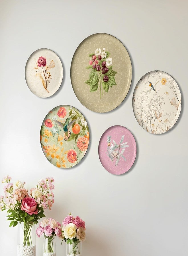 MAXXINN Decorative Wall Plates Set of 5 - Floral & Bird Design Round Wall Art for Living Room, Vintage Multicolor Hanging Plates for Home Décor, Bedroom, Dining Area & Office Wall Decoration Accessories (Rose Design) - Image 1