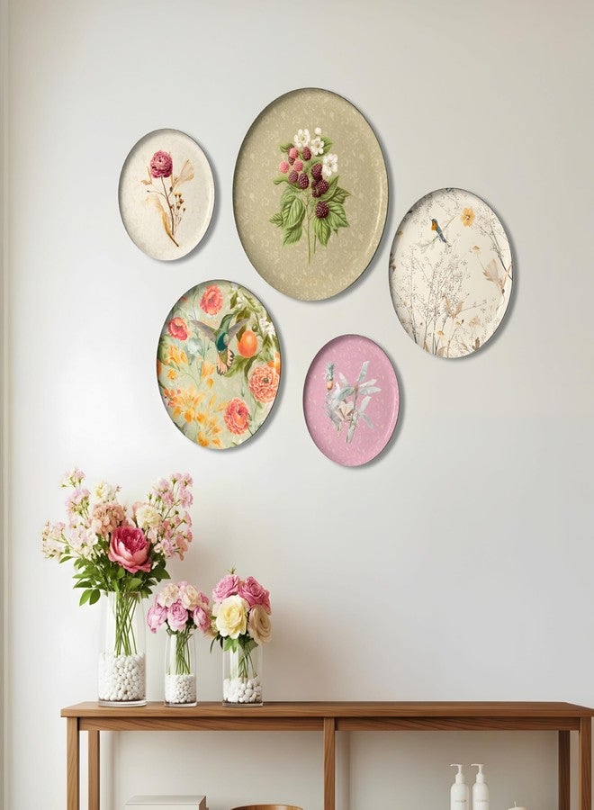 MAXXINN Decorative Wall Plates Set of 5 - Floral & Bird Design Round Wall Art for Living Room, Vintage Multicolor Hanging Plates for Home Décor, Bedroom, Dining Area & Office Wall Decoration Accessories (Rose Design) - Image 2
