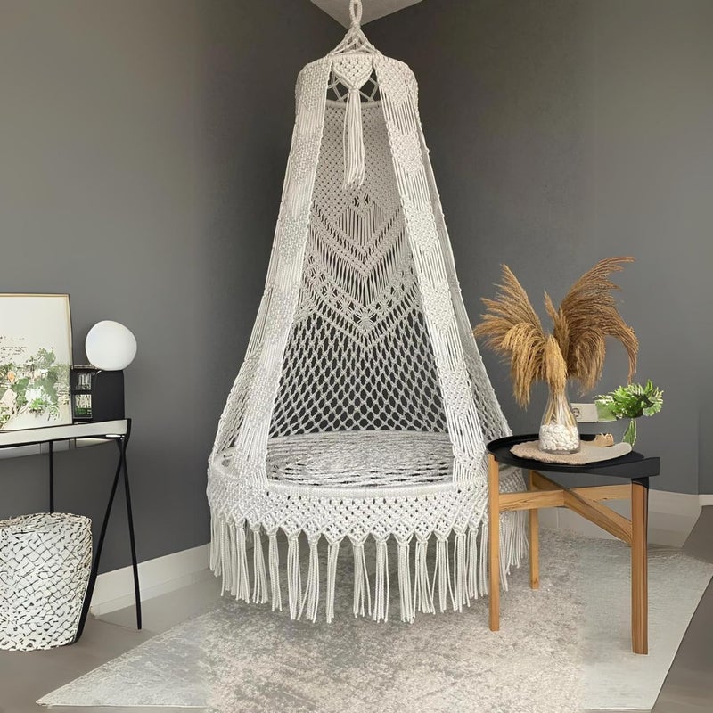 ecofynd Cotton Premium Luxury Macrame Swing Hammock for Adults Kids Large Chair Jhula Relax for Indoor Outdoor Balcony Deck Patio Living Room Home Bh017 White