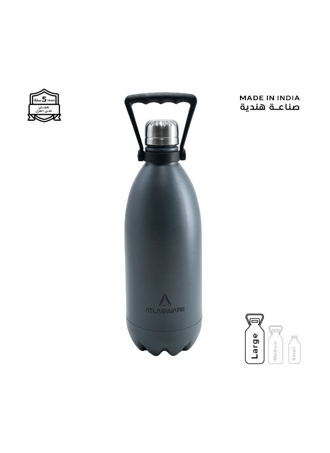 Atlasware Water bottle with a capacity of 1500 ml, stainless steel water bottle that keeps cold for 90 hours and keeps heat for 40 hours, Dark Grey  - Image 1
