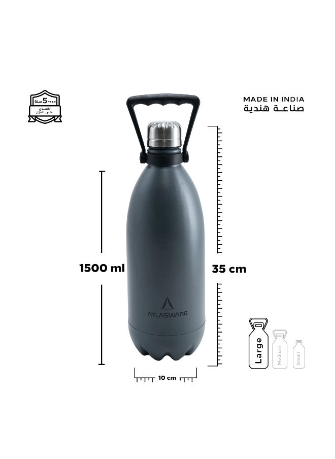 Atlasware Water bottle with a capacity of 1500 ml, stainless steel water bottle that keeps cold for 90 hours and keeps heat for 40 hours, Dark Grey  - Image 2