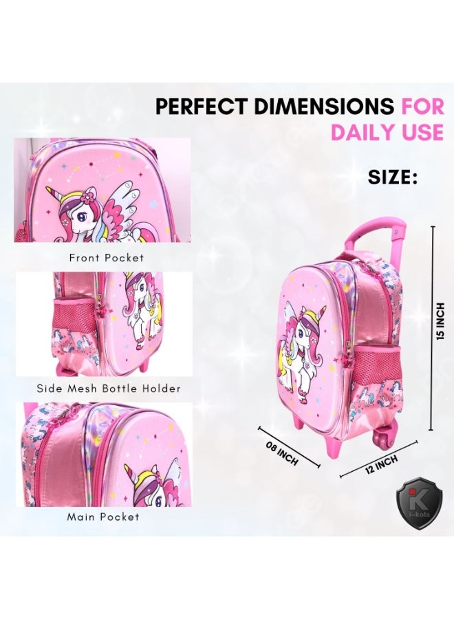 i-kola Pink UN 15T3 15-Inch 3D 3PC Kids Trolley Set | Rolling School Bag with Spill-Proof Lunch Bag & Pencil Case | Wheeled School Luggage for Boys & Girls (IK310-15T3) - Image 2