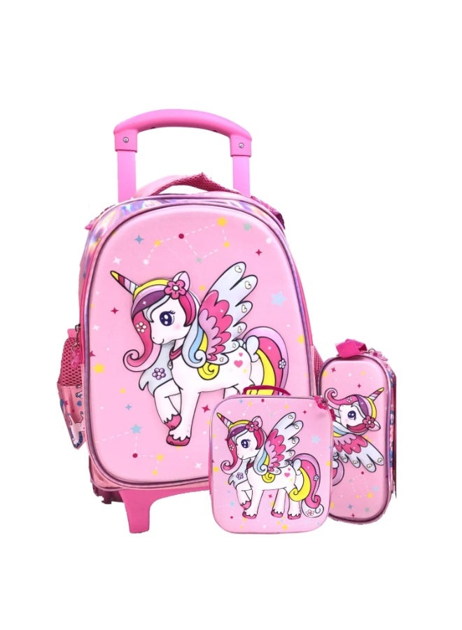 i-kola Pink UN 15T3 15-Inch 3D 3PC Kids Trolley Set | Rolling School Bag with Spill-Proof Lunch Bag & Pencil Case | Wheeled School Luggage for Boys & Girls (IK310-15T3) - Image 1
