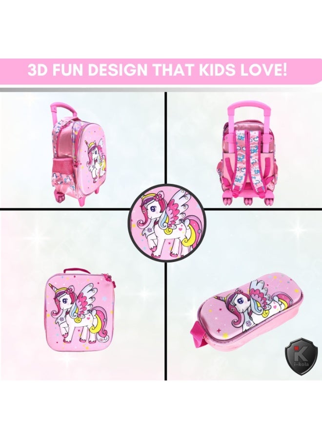 i-kola Pink UN 15T3 15-Inch 3D 3PC Kids Trolley Set | Rolling School Bag with Spill-Proof Lunch Bag & Pencil Case | Wheeled School Luggage for Boys & Girls (IK310-15T3) - Image 4