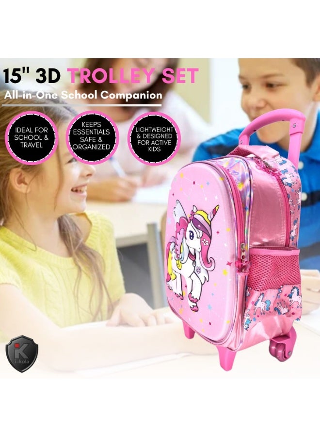 i-kola Pink UN 15T3 15-Inch 3D 3PC Kids Trolley Set | Rolling School Bag with Spill-Proof Lunch Bag & Pencil Case | Wheeled School Luggage for Boys & Girls (IK310-15T3) - Image 3
