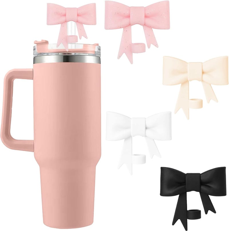 Hpebl 4Pcs Silicone Straw Toppers Covers for Stanley Cups 40/30oz 10mm(0.4in) Flash Pink Dust-Proof Bow Straw Covers Toppers Black Suitbale for Stanley Cup Accessories Reusable Straws Caps - Image 1