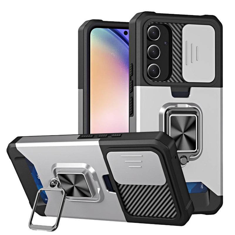 غطاء واقي بTPU+PC لـ Samsung S25 Ultra / Samsung S25 مع حامل بطاقات وحماية من السقوط مع مقاوم للصدمات مع حامل قائم باللون Silver بوظيفة حامل من مادة TPU باللون الفضي - Image 1