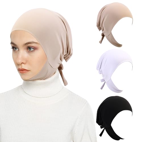 XEPST 3 PCS Hijab Undercap for Women, Islamic Muslim Full Cover Under Hijabcap Milk Silk Fabric Hijab Underscarf Solid Color Adjustable Tie Back Inner Head Scarf Turbans for Women Chemo Sleep Cap - Image 1