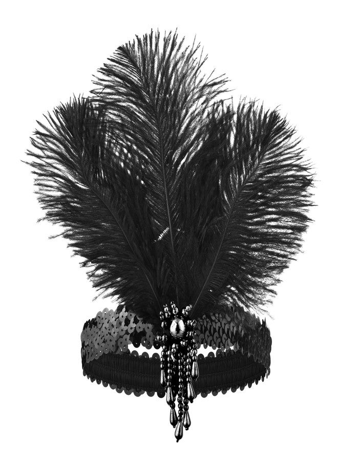 FeelfunFeather Women 1920s Flapper Set,Roaring 20s Headband Headpiece Costume Accessories with Necklace Earrings Gloves for Halloween Party Cosplay(Black-6) - Image 2