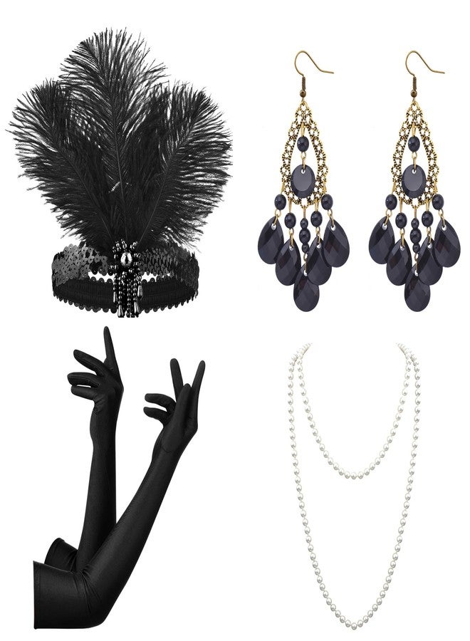 FeelfunFeather Women 1920s Flapper Set,Roaring 20s Headband Headpiece Costume Accessories with Necklace Earrings Gloves for Halloween Party Cosplay(Black-6) - Image 1