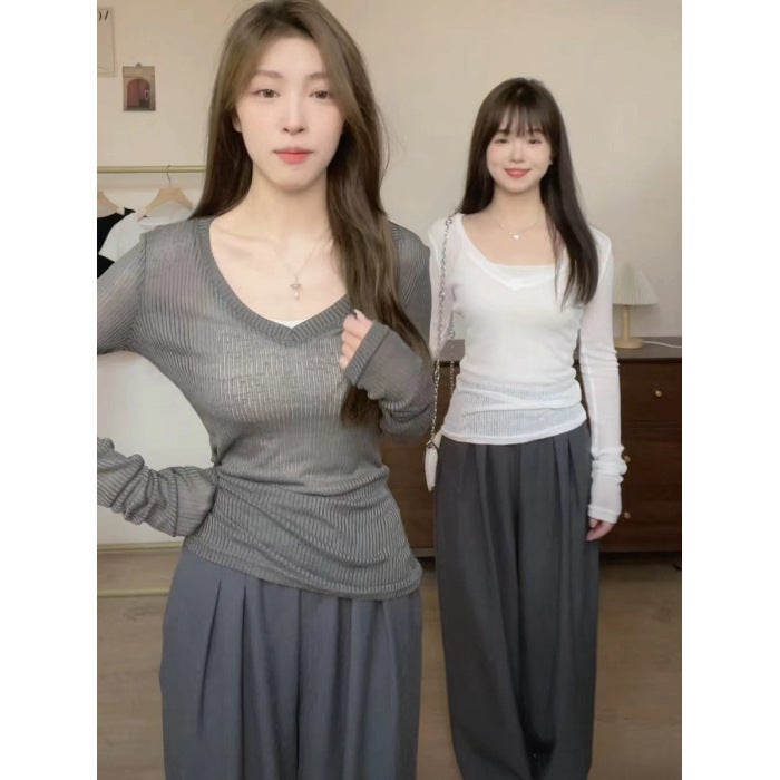 V-Neck Thin Micro-Pit Backing Shirt Womens Summer Slim-fit Knitted T-shirt Long-sleeved Top Pure Sunscreen Blouse Black - Image 2