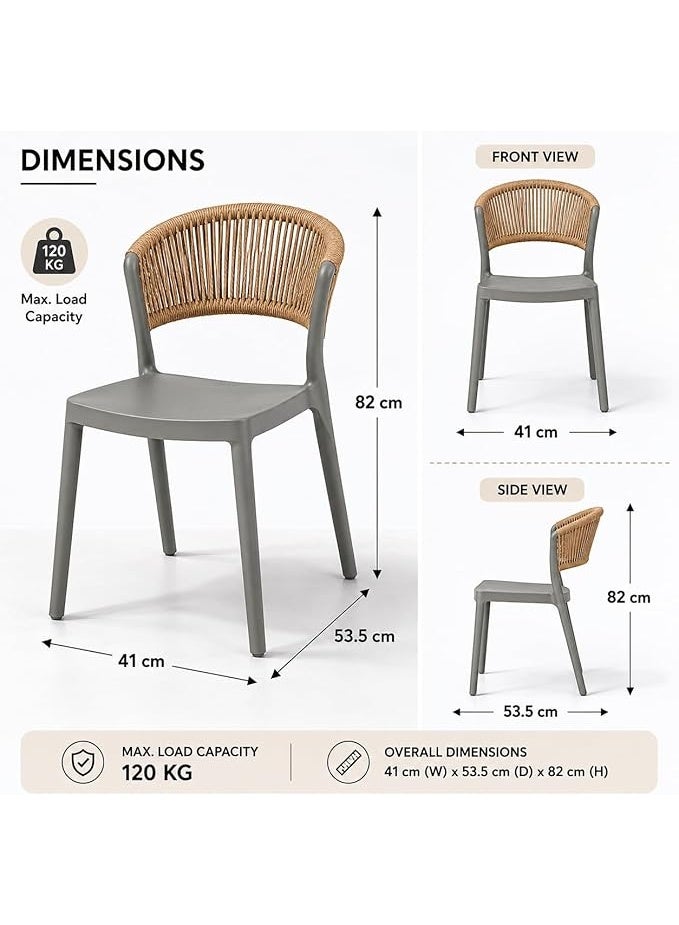 Marcolo Chair Without Arms, Outdoor Plastic Dining Chair, Weather & UV Resistant Patio Chair for Balcony, Garden, Kitchen & Indoor Outdoor Use, Modern Rope-Style Design, 41x53.5x82cm (Grey) - Image 3