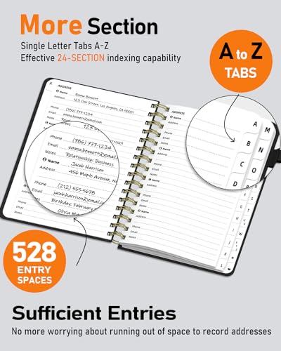 WEMATE Spiral Address Book with Alphabetical Tabs, Leather Password Book, Address Organizer Telephone Notebook Journal Keep Contact Safe Hardcover Large Print for Seniors Home Office 5.8″×8.2″, Black - Image 3