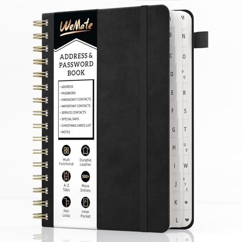 WEMATE Spiral Address Book with Alphabetical Tabs, Leather Password Book, Address Organizer Telephone Notebook Journal Keep Contact Safe Hardcover Large Print for Seniors Home Office 5.8″×8.2″, Black - Image 1