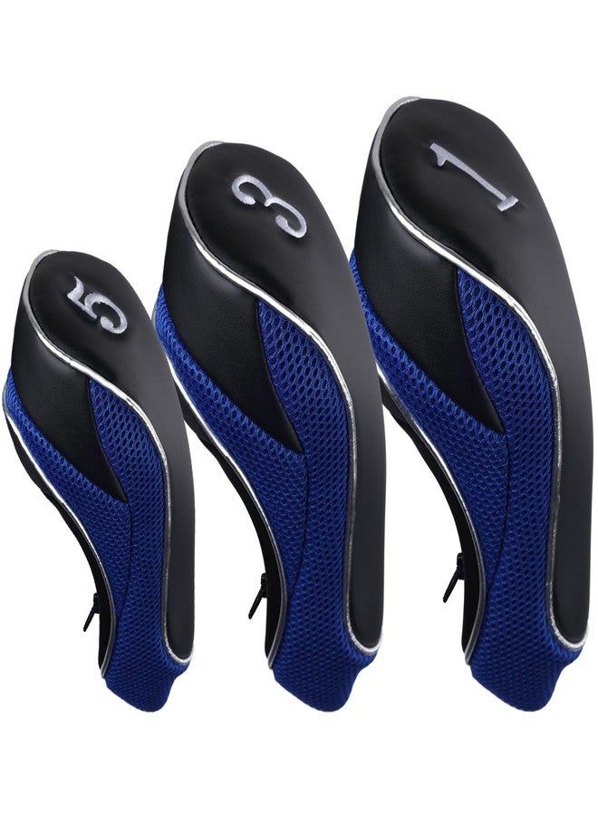 Andux Golf Wood Club Head Covers with Zipper Set of 3 Black/Blue - Image 1