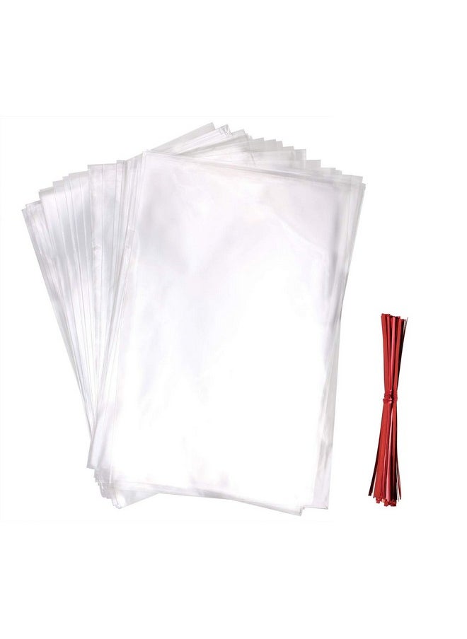 Mini Skater - 100Pcs Clear Treat Bags Opp Cello Cellophane Bag With 100Pcs Red Color Twist Ties For Wedding Gift Candy Cookie Bakery Bread Dessert (8" X 12") - Image 1