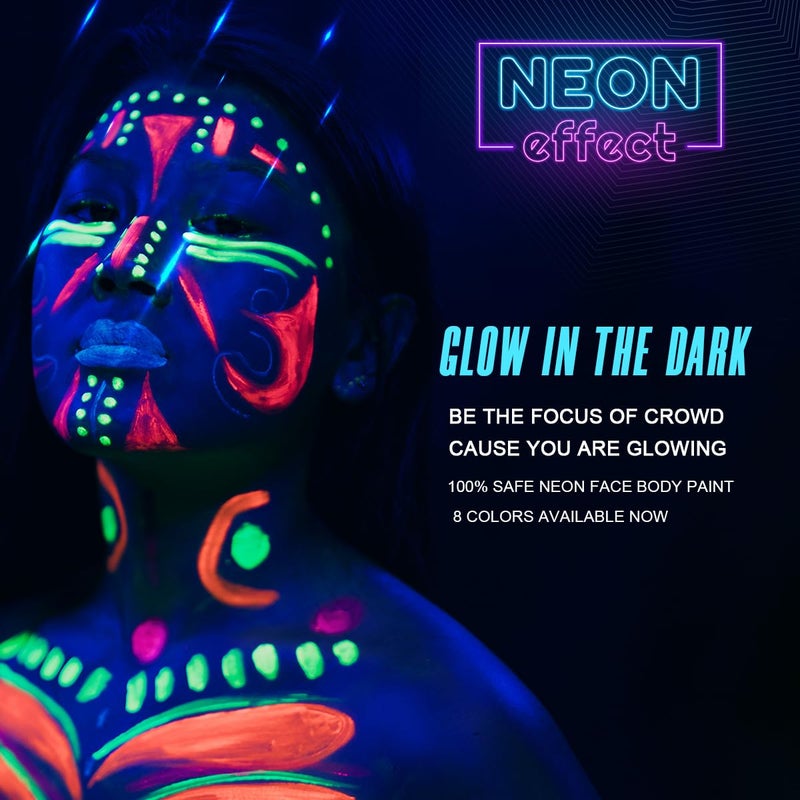 Bowitzki UV Neon Face and Body Paint 8 x 30ml /1 oz Liquid Large Kit Black Light Glow in the Dark Makeup Set Fluorescent Painting for Adults Kids Music Festivals Party Halloween Christmas - Image 3
