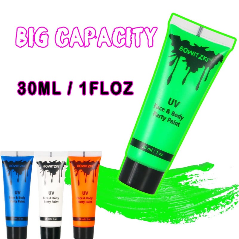 Bowitzki UV Neon Face and Body Paint 8 x 30ml /1 oz Liquid Large Kit Black Light Glow in the Dark Makeup Set Fluorescent Painting for Adults Kids Music Festivals Party Halloween Christmas - Image 5