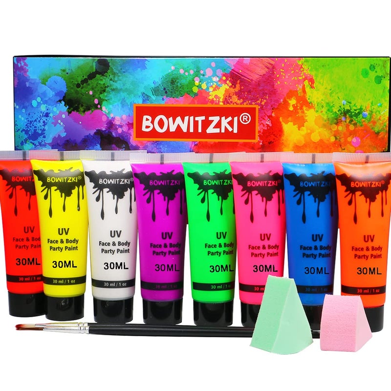 Bowitzki UV Neon Face and Body Paint 8 x 30ml /1 oz Liquid Large Kit Black Light Glow in the Dark Makeup Set Fluorescent Painting for Adults Kids Music Festivals Party Halloween Christmas - Image 1