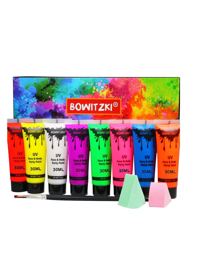 Bowitzki Bowitzki UV Neon Face and Body Paint 8 x 30ml (1.0 fl oz) Liquid Large Kit Black Light Glow in the Dark Makeup Set Fluorescent Painting for Adults Kids Music Festivals Party  - Image 1