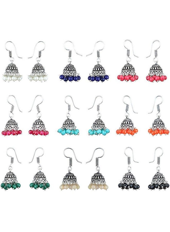 Sukkhi أقراط جومكي فضية مؤكسدة نحاسية متعددة الألوان حصرية من سوكي - مجموعة من 9 - Image 1