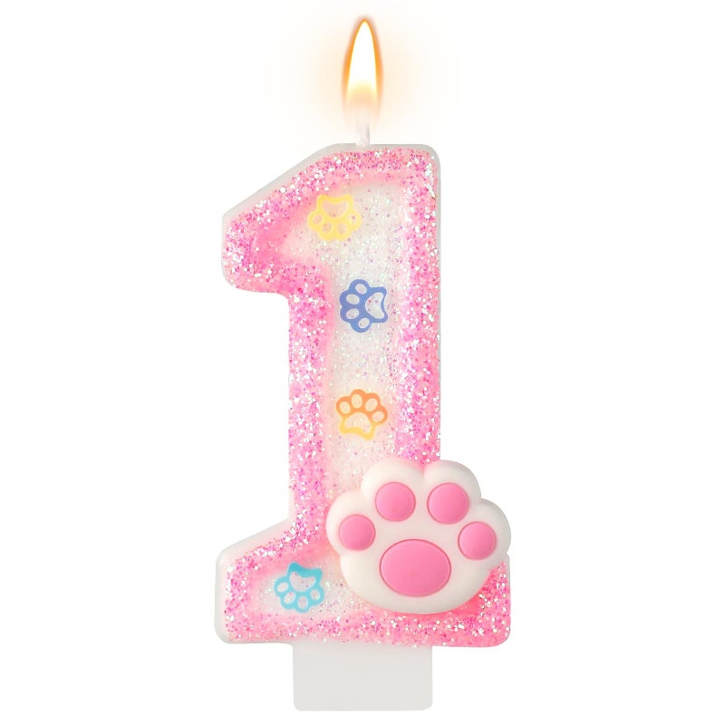 AKURIEEY Dog and Cat 1st Birthday Candle Pink Numbers 1 Candle Paw Cake Topper Cupcake Decorations for Pet Theme Party Decor Anniversary Celebrations Supplies - Image 1