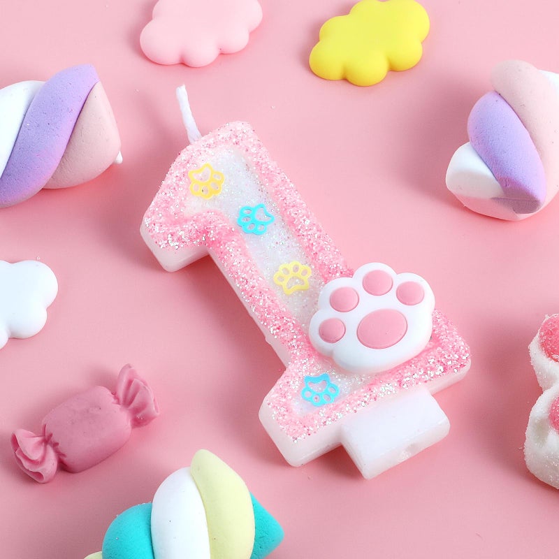 AKURIEEY Dog and Cat 1st Birthday Candle Pink Numbers 1 Candle Paw Cake Topper Cupcake Decorations for Pet Theme Party Decor Anniversary Celebrations Supplies - Image 2