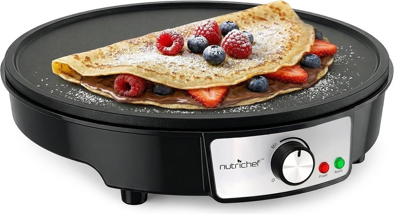 NutriChef صانعة الكريب الكهربائية وموقد الشواء - لوحة ساخنة غير لاصقة 12 بوصة من الألمنيوم مع أضواء مؤشر LED وتحكم في درجة الحرارة قابل للتعديل - ملعقة خشبية وموزع عجين متضمن - Image 1