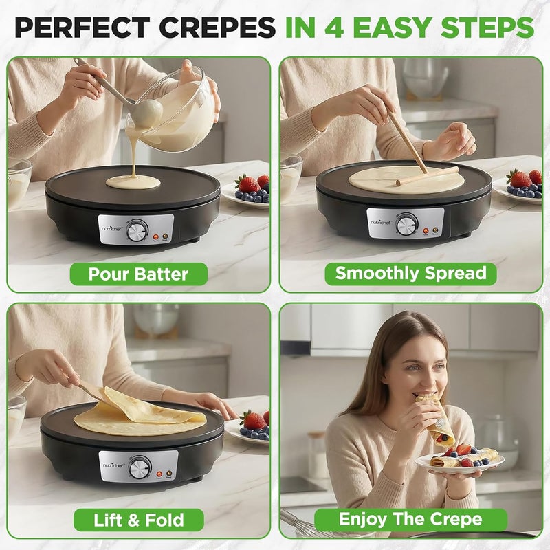 NutriChef صانعة الكريب الكهربائية وموقد الشواء - لوحة ساخنة غير لاصقة 12 بوصة من الألمنيوم مع أضواء مؤشر LED وتحكم في درجة الحرارة قابل للتعديل - ملعقة خشبية وموزع عجين متضمن - Image 4