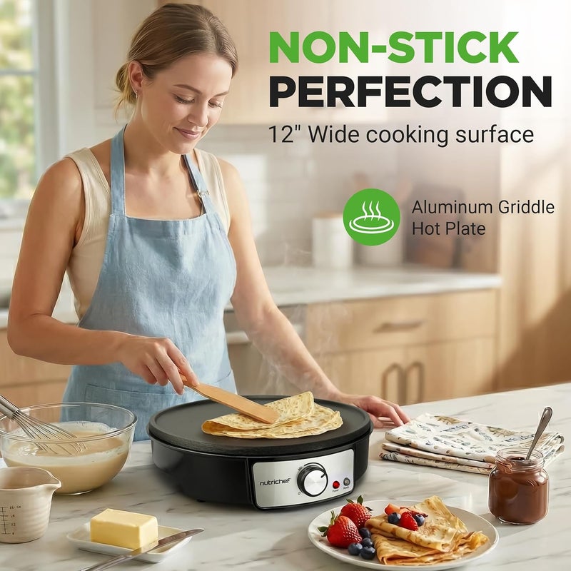 NutriChef صانعة الكريب الكهربائية وموقد الشواء - لوحة ساخنة غير لاصقة 12 بوصة من الألمنيوم مع أضواء مؤشر LED وتحكم في درجة الحرارة قابل للتعديل - ملعقة خشبية وموزع عجين متضمن - Image 2