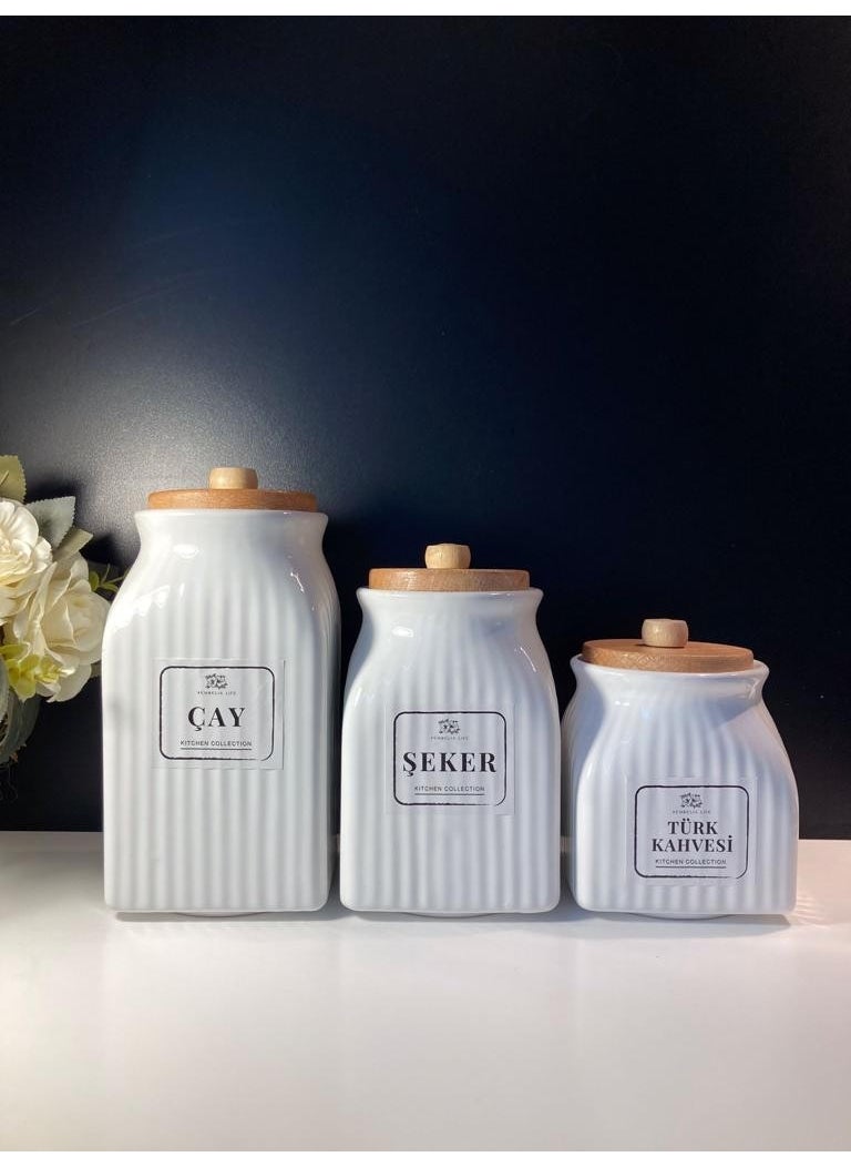 Kitchen Pembelia 3-Piece Bamboo Vacuum Lid Porcelain Tea Sugar Coffee Jar Set  - Image 1