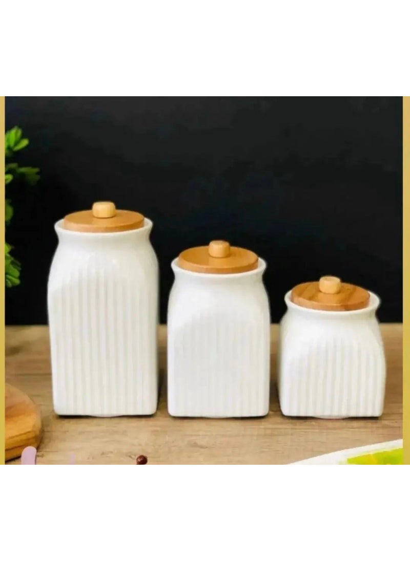 Kitchen Pembelia 3-Piece Bamboo Vacuum Lid Porcelain Tea Sugar Coffee Jar Set  - Image 3
