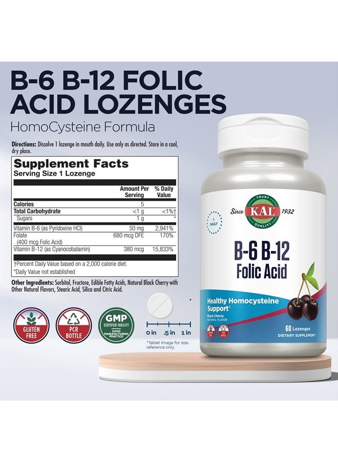KAL Vitamin B-6 B-12 Folic Acid Supplement, B Vitamins for Healthy Energy, Heart & Red Blood Cell Support, w/Vitamin B12 Methylcobalamin and Folate, Natural Cherry, Gluten Free, 60 Serv, 60 Lozenges - Image 3