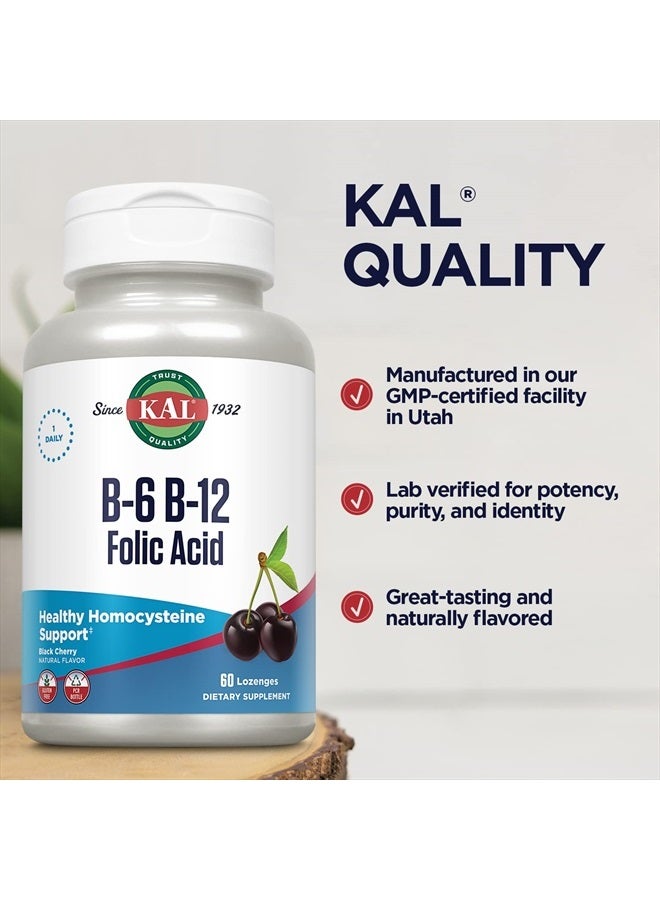 KAL Vitamin B-6 B-12 Folic Acid Supplement, B Vitamins for Healthy Energy, Heart & Red Blood Cell Support, w/Vitamin B12 Methylcobalamin and Folate, Natural Cherry, Gluten Free, 60 Serv, 60 Lozenges - Image 5
