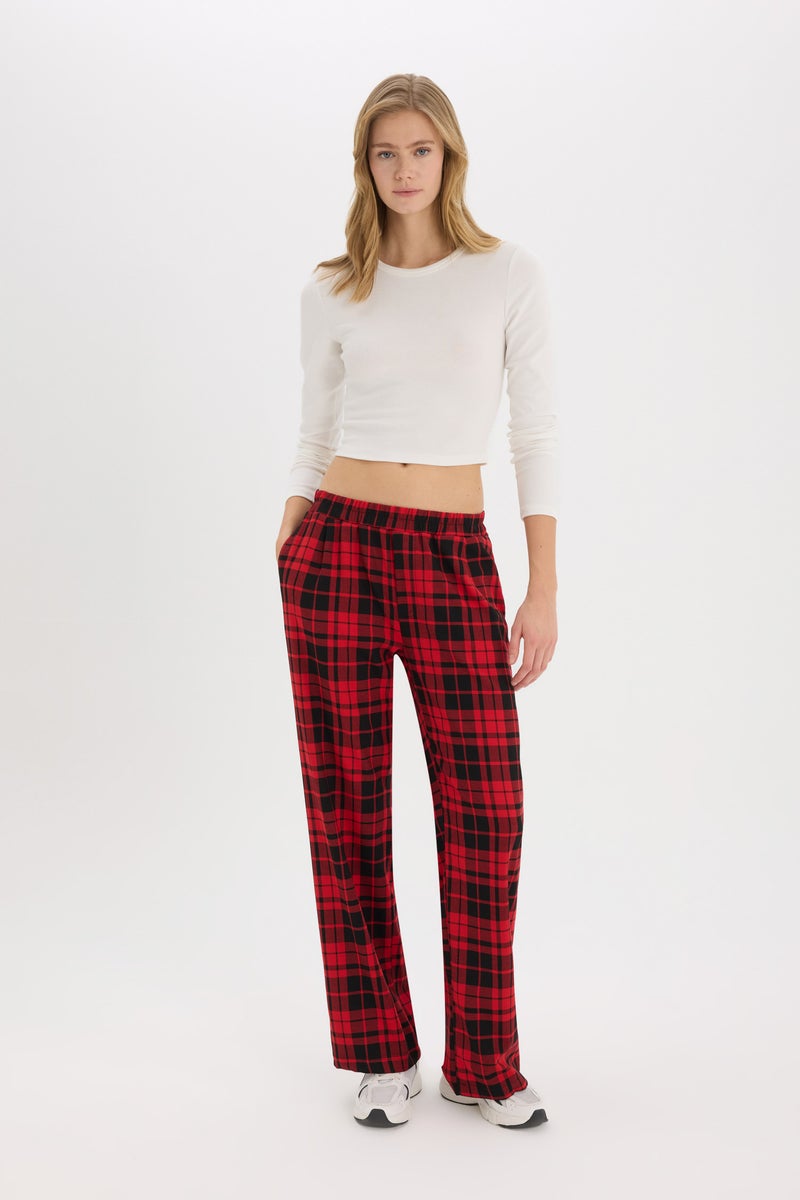 DeFacto Woman Elastic Regular Waist Wide Leg Plaid Pajama Pants - Image 5