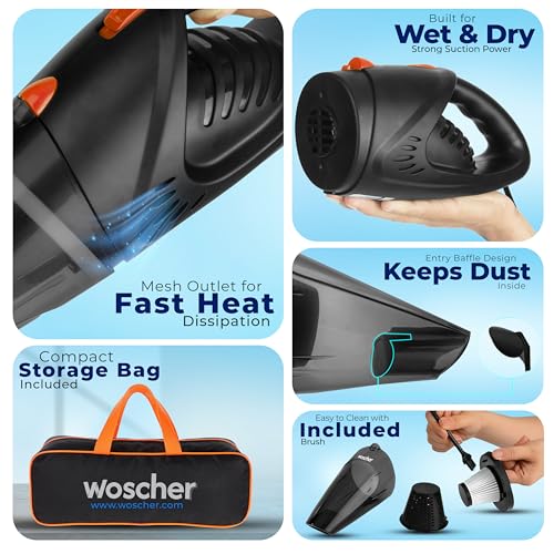 WOSCHER AutoVac Pro High Power Auto Car Vacuum Cleaner for Deep Cleaning, Hand Held Portable Car Vacuum with DC 12V, 140W Vacuum Motor & Powerful Suction 5000PA, Black - Image 4
