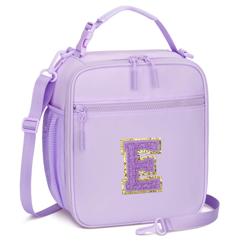 CLOUDWINGS Initial Insulated Lunch Bag for Girls Kids, Back to School Gift, Reusable Leak-proof Lunch Box with Adjustable Strap for School Daycare Travel Picnic (Purple,E) - Image 1