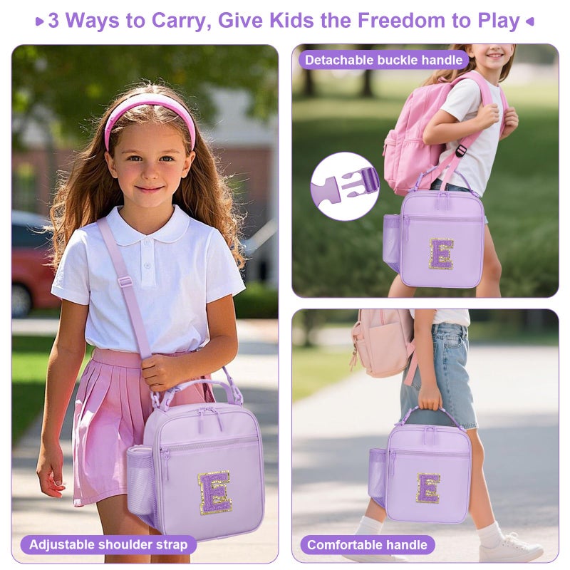 CLOUDWINGS Initial Insulated Lunch Bag for Girls Kids, Back to School Gift, Reusable Leak-proof Lunch Box with Adjustable Strap for School Daycare Travel Picnic (Purple,E) - Image 4