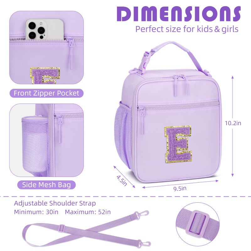 CLOUDWINGS Initial Insulated Lunch Bag for Girls Kids, Back to School Gift, Reusable Leak-proof Lunch Box with Adjustable Strap for School Daycare Travel Picnic (Purple,E) - Image 3