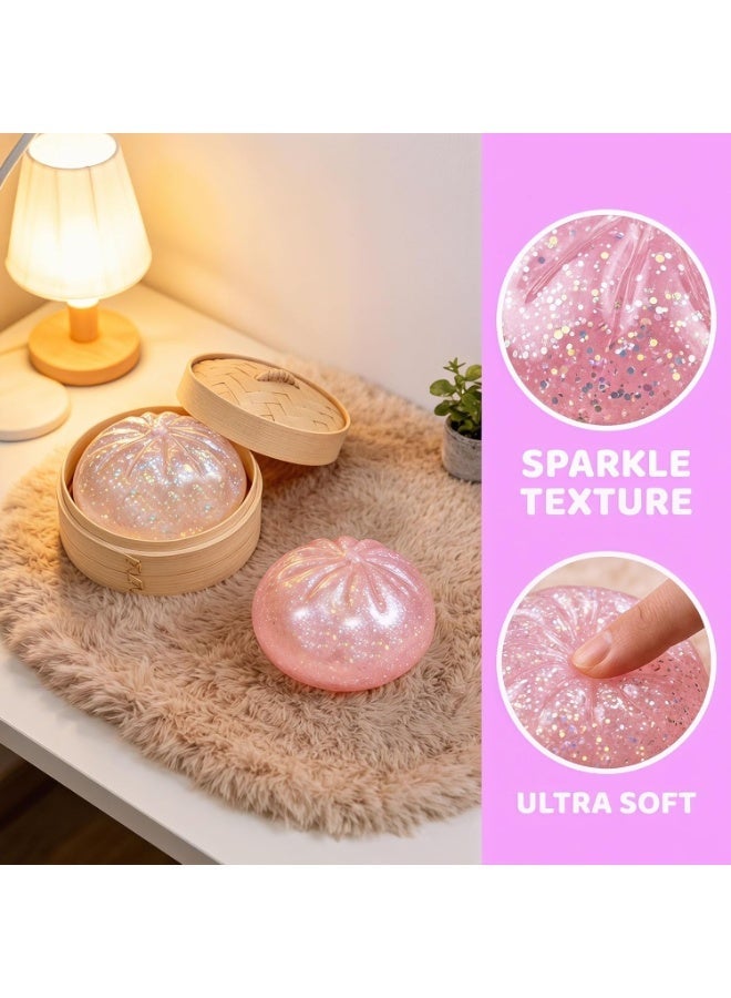 GIOIO Glitter Dumpling Squishies, Squishies dumpling, Colorful Dumplings Stress Fidget, Soft Squeeze Decompression Dough, Sensory Stress Ball Squeeze Toys (Pink) - Image 2