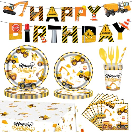 GalaHub 194Pcs Construction Plates Birthday Party Supplies Decorations Serve 24 Includes Napkins Cups Tablecloth and Banner Boys Construction Themed Birthday Party - Image 1