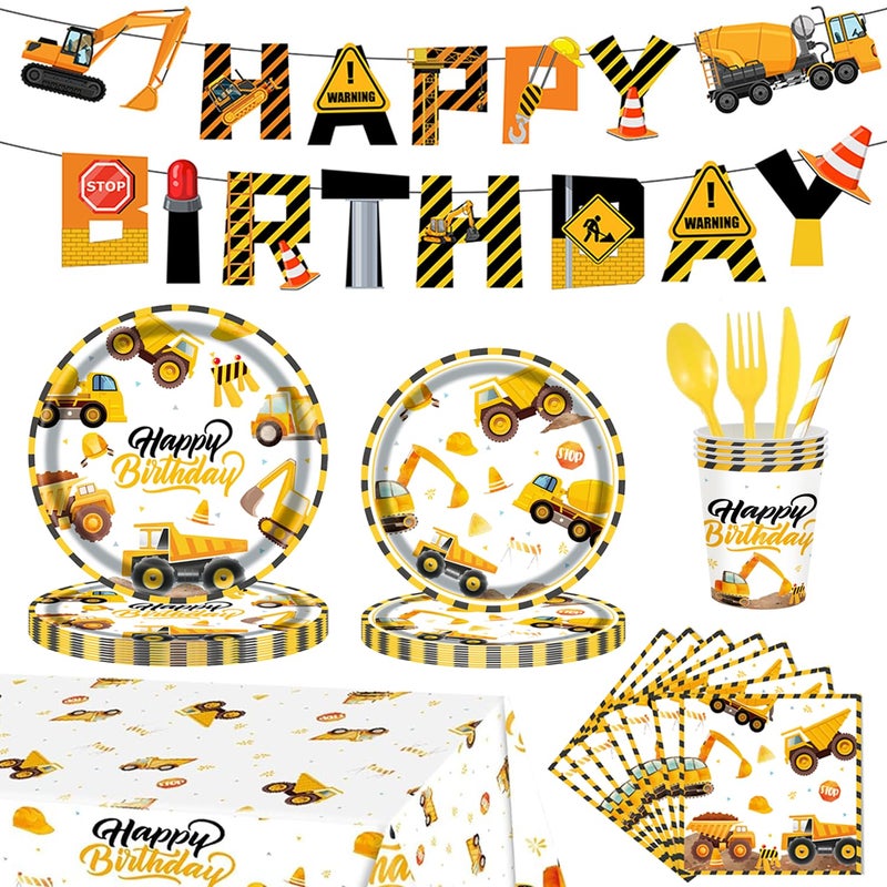 GalaHub 194Pcs Construction Plates Birthday Party Supplies Decorations Serve 24 Includes Napkins Cups Tablecloth and Banner Boys Construction Themed Birthday Party - Image 2