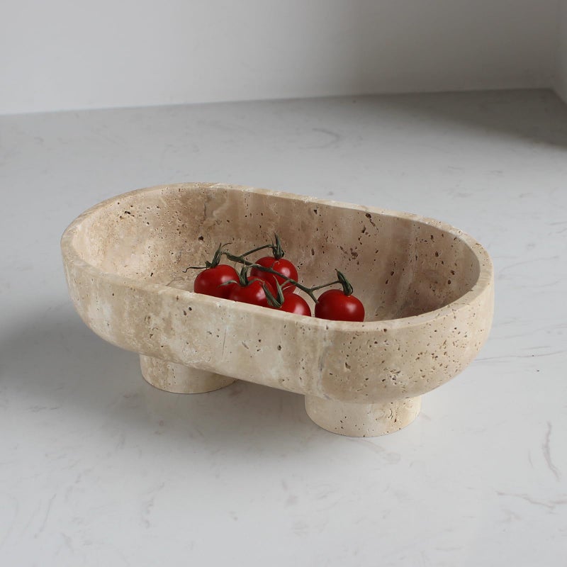 Natural Oval Travertine Fruit Bowl for Kitchen Counter 10 Large Decorative Bowl TwoLegs for Home Decor Fruits Holder For Dining Table  Kitchen Organization