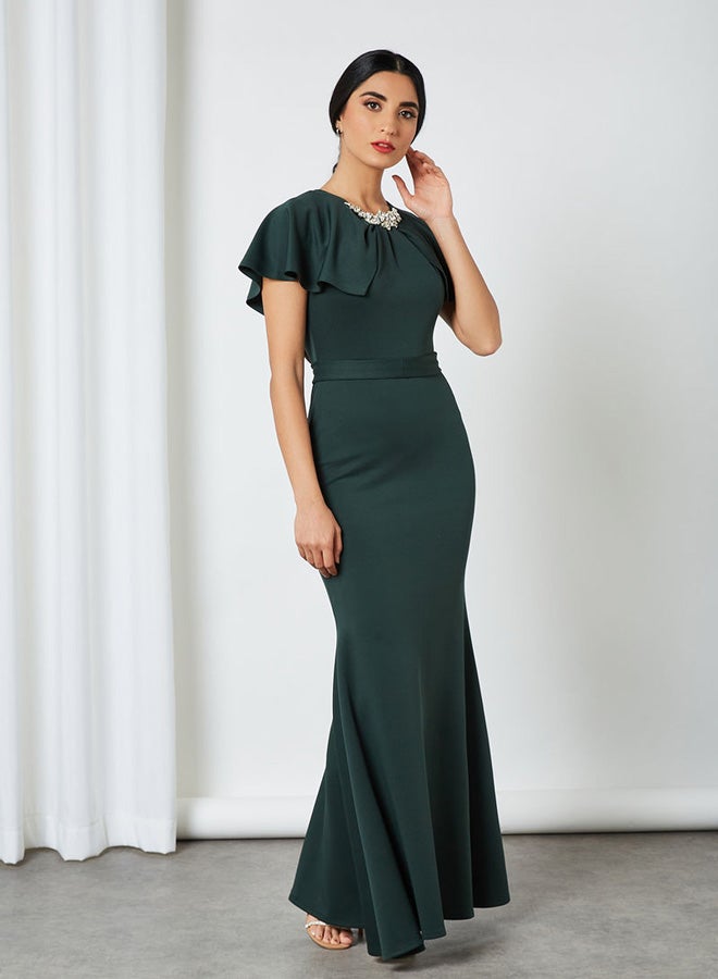 Embellished Neckline Dress Green - Image 3