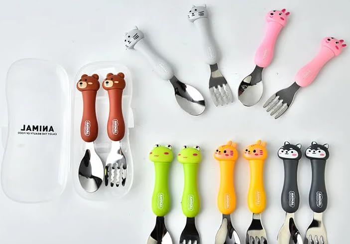 Nimbose Nimbose Tableware Cartoon Kids 1 Spoon and 1 Fork Set Dessert Spoon for Children Pasta Fork Baby Cutlery for Kids Stainless Steel Body with Polypropylene Handles Random Design Yellow - Image 3