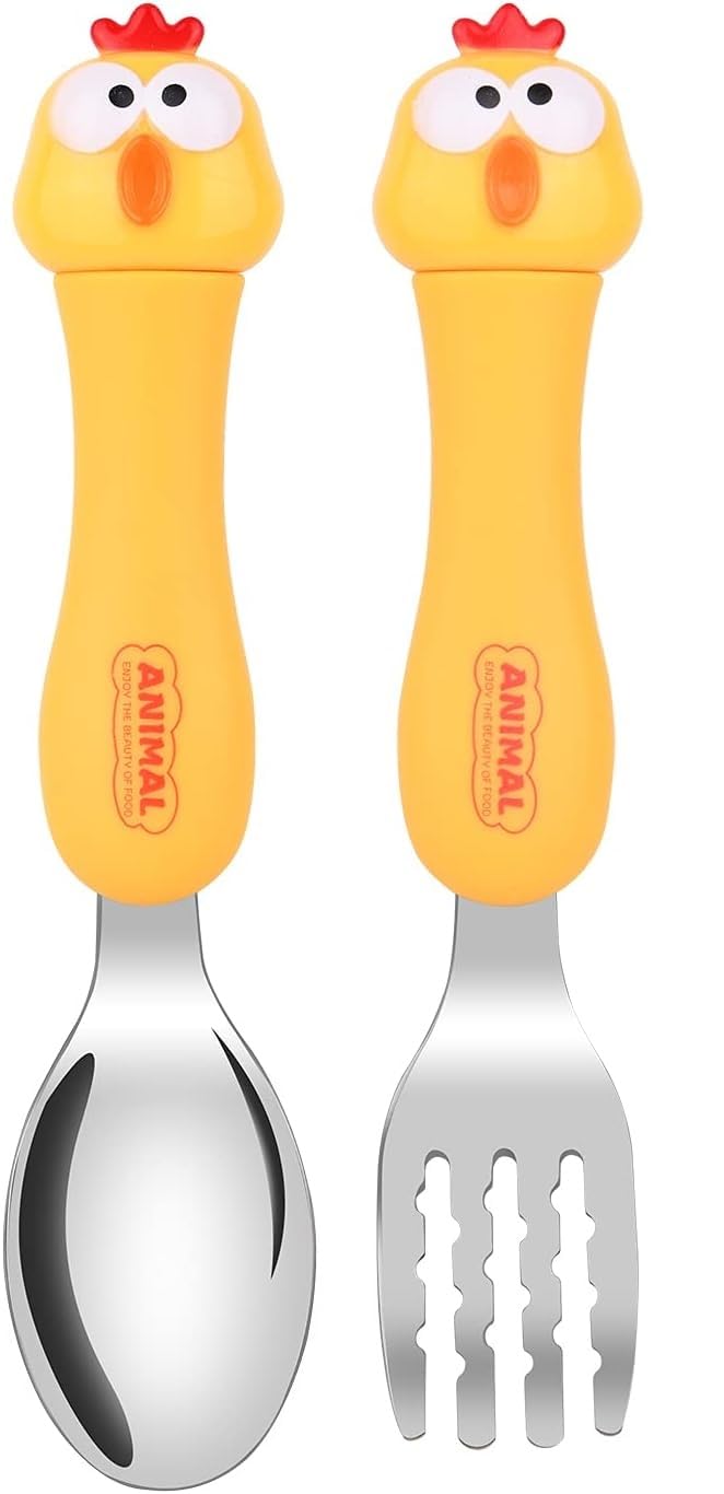 Nimbose Nimbose Tableware Cartoon Kids 1 Spoon and 1 Fork Set Dessert Spoon for Children Pasta Fork Baby Cutlery for Kids Stainless Steel Body with Polypropylene Handles Random Design Yellow - Image 1