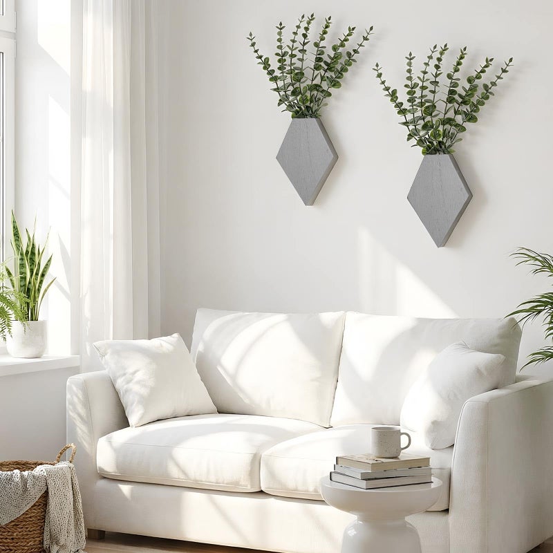 Chunful Wooden Wall Planter Decor Hanging Fake Plants Greenery Flowers Holder Vase Boxes for Wall Farmhouse Bohemian Living Room Bedroom Kitchen Office Indoor Decoration (Light Gray,2 Pcs) - Image 4